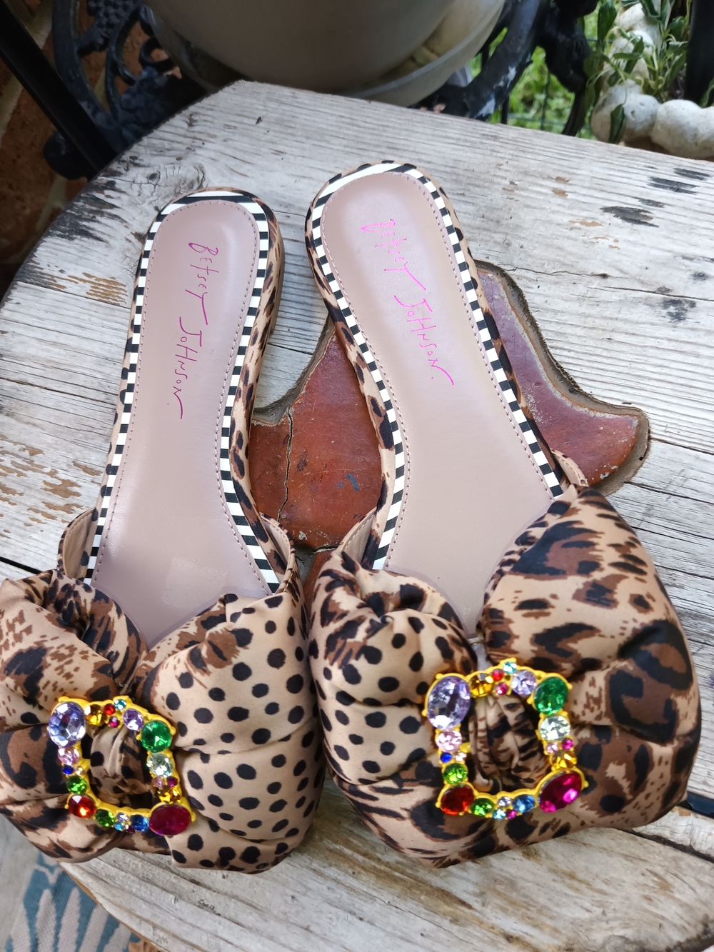 Betsey Johnson Leopard & Polka Dot Slide Sandals in Beige